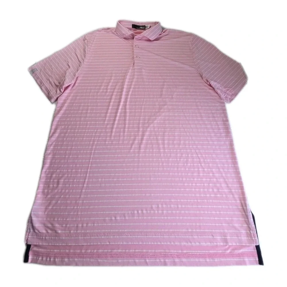 RLX Ralph Lauren Polo Shirt Mens Pink White Stripe Performance‎ Golf Wicking